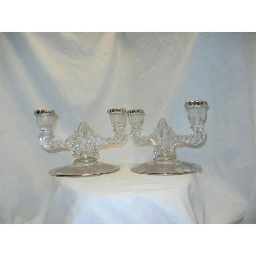 Crystal Candlestick Holder silver City Mid Century, Sterling Silver overlay